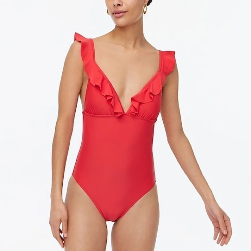 - J crew Ruffle-shoulder V-neck one-piece swimsuit.